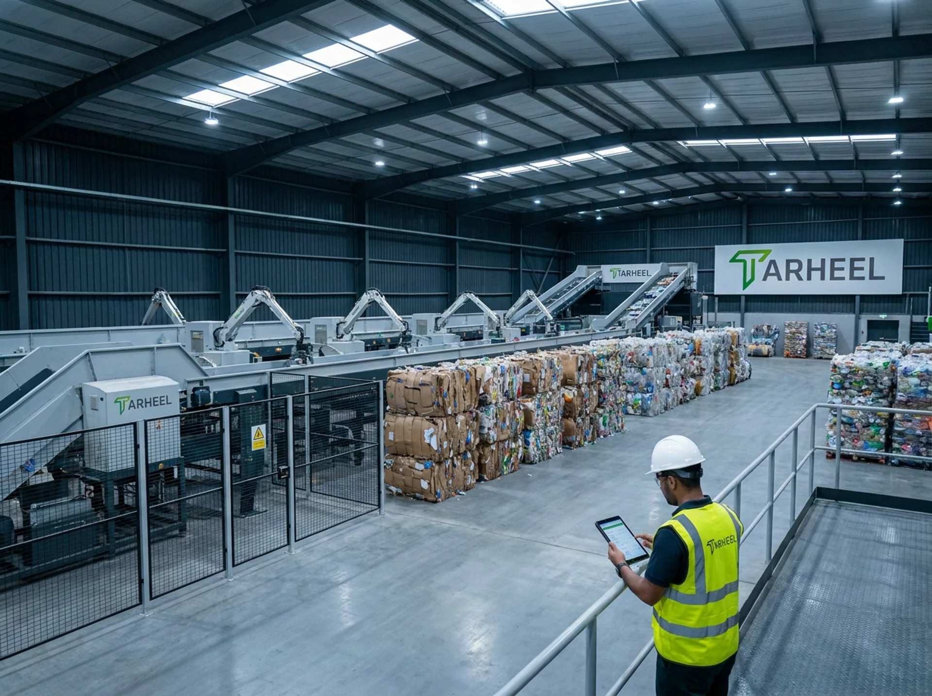 TARHEEL material recovery facility interior with baled recyclables and a supervisor in hi-vis reviewing a tablet