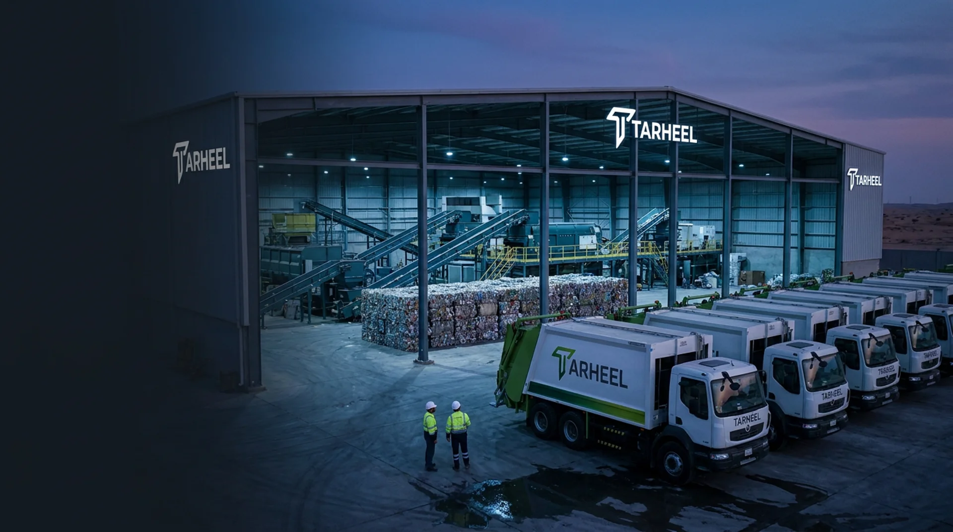 TARHEEL recycling facility at dusk with branded collection trucks